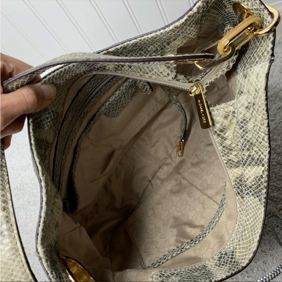 NWT MICHAEL MICHAEL KORS 'Fulton' Embossed Chain Angora Beige Grey Python Purse - Picture 7 of 12